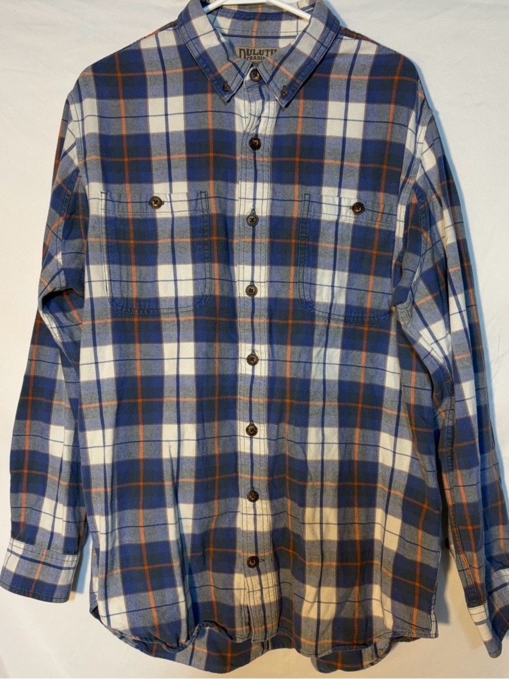 Duluth Trading Co XL Tall Trim Fit Flannel Shirt Blue Orange Plaid Workwear